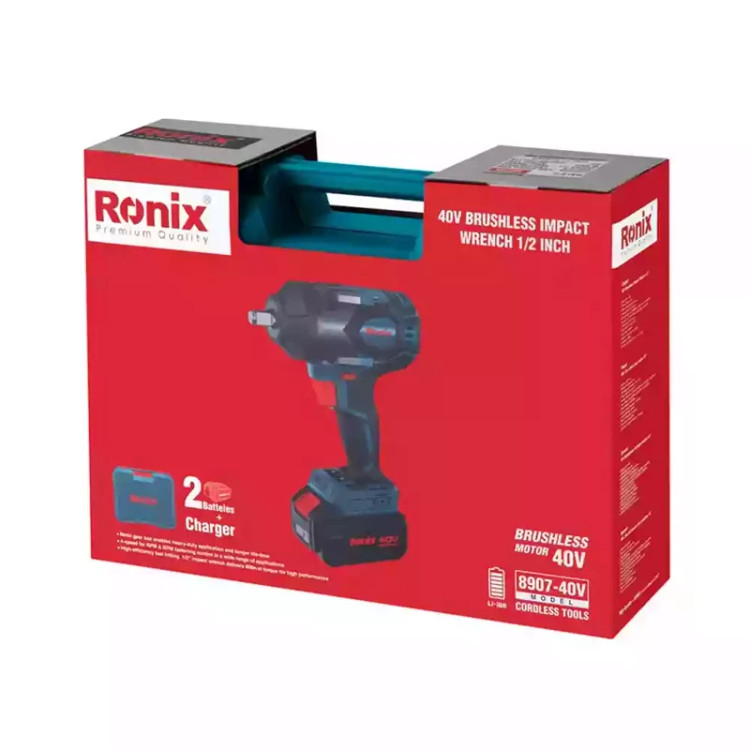 کیت بکس شارژی براشلس 40 ولت درایو 1/2 اینچ 800 نیوتن متر رونیکس مدل 8907 (12 ماه گارانتی) 8907-40V